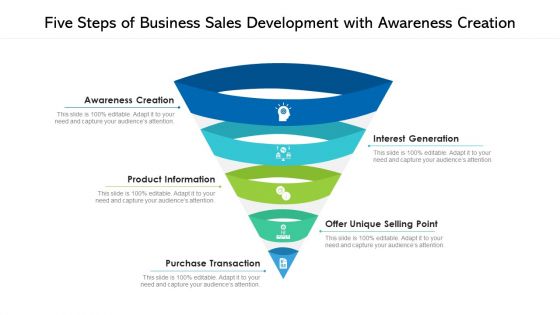 Five Steps Of Business Sales Development With Awareness Creation Ppt PowerPoint Presentation Gallery Smartart PDF