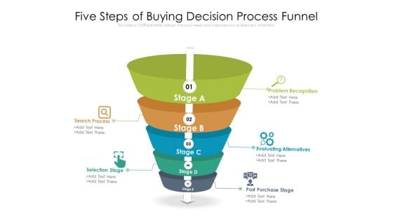 Five Steps Of Buying Decision Process Funnel Ppt PowerPoint Presentation Icon Model PDF