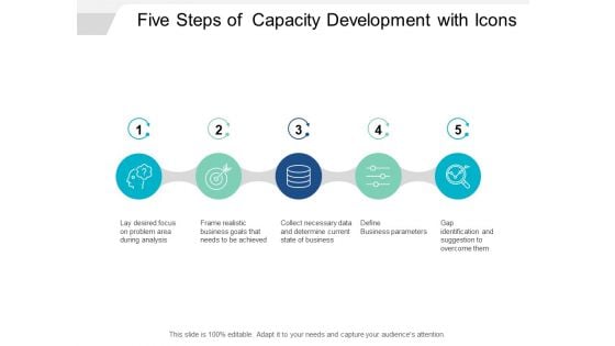 Five Steps Of Capacity Development With Icons Ppt PowerPoint Presentation Visual Aids Pictures