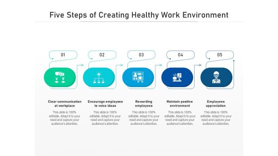 Five Steps Of Creating Healthy Work Environment Ppt PowerPoint Presentation File Graphics Example PDF