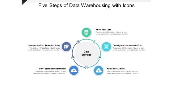 Five Steps Of Data Warehousing With Icons Ppt Powerpoint Presentation Ideas