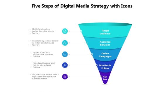 Five Steps Of Digital Media Strategy With Icons Ppt PowerPoint Presentation Gallery Slideshow PDF