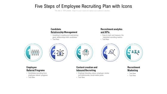 Five Steps Of Employee Recruiting Plan With Icons Ppt PowerPoint Presentation Gallery Format