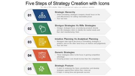 Five Steps Of Strategy Creation With Icons Ppt PowerPoint Presentation Icon Gallery PDF