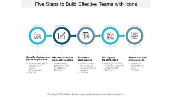 five steps to build effective teams with icons ppt powerpoint presentation slides slideshow