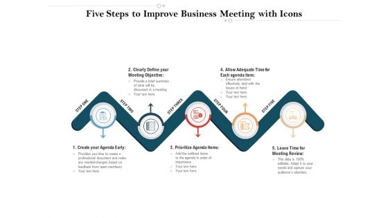 Five Steps To Improve Business Meeting With Icons Ppt PowerPoint Presentation Infographic Template Outfit PDF