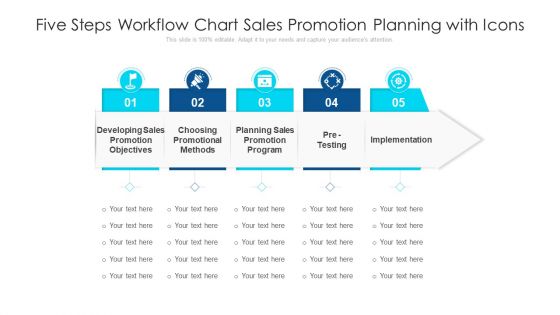 Five Steps Workflow Chart Sales Promotion Planning With Icons Ppt PowerPoint Presentation Layouts Designs Download PDF