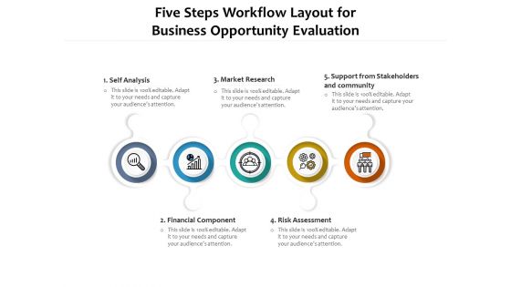 Five Steps Workflow Layout For Business Opportunity Evaluation Ppt PowerPoint Presentation Icon Portfolio PDF