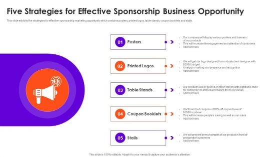 Five Strategies For Effective Sponsorship Business Opportunity Brochure Pictures PDF