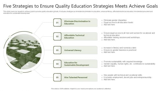 Five Strategies To Ensure Quality Education Strategies Meets Achieve Goals Structure PDF