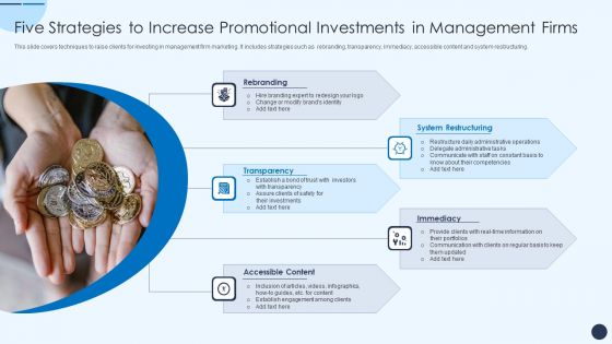 Five Strategies To Increase Promotional Investments In Management Firms Themes PDF