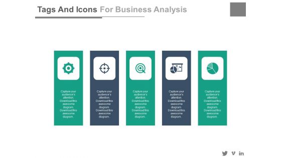 Five Tags And Icons For Marketing Mix Strategies Powerpoint Template