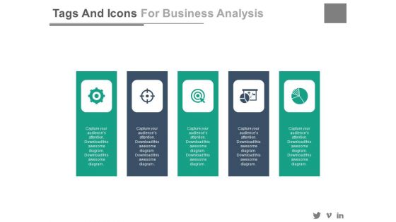 Five Tags And Icons For Marketing Mix Strategies Powerpoint Template