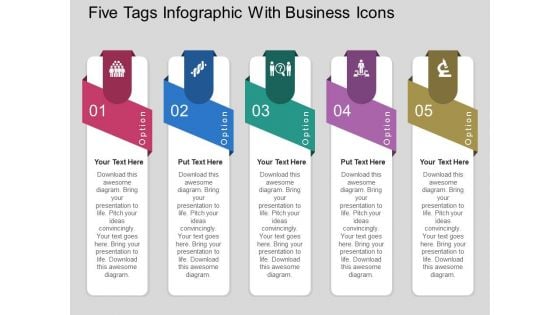 Five Tags Infographic With Business Icons Powerpoint Templates