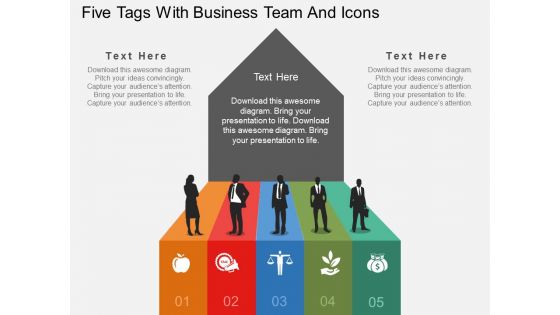 Five Tags With Business Team And Icons Powerpoint Template