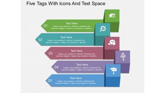 Five Tags With Icons And Text Space Powerpoint Template