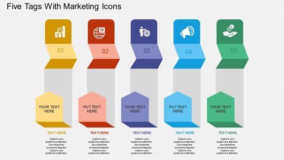 Five Tags With Marketing Icons Powerpoint Template