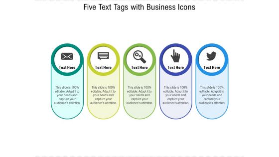 Five Text Tags With Business Icons Ppt PowerPoint Presentation File Visuals PDF