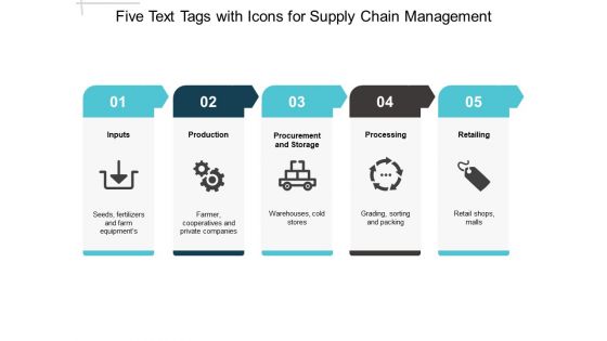 Five Text Tags With Icons For Supply Chain Management Ppt PowerPoint Presentation Gallery Layouts