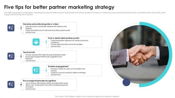 Five Tips For Better Partner Marketing Strategy Ppt PowerPoint Presentation File Example File PDF