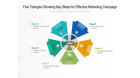 Five Triangles Showing Key Steps For Effective Marketing Campaign Ppt PowerPoint Presentation File Model PDF