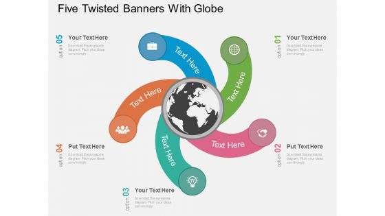 Five Twisted Banners With Globe Powerpoint Template