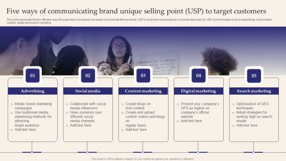 Five Ways Of Communicating Brand Unique Selling Point USP To Target Customers Topics PDF