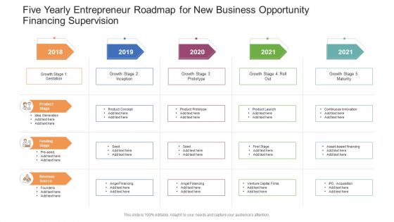 Five Yearly Entrepreneur Roadmap For New Business Opportunity Financing Supervision Information PDF