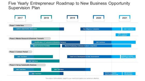 Five Yearly Entrepreneur Roadmap To New Business Opportunity Supervision Plan Themes PDF