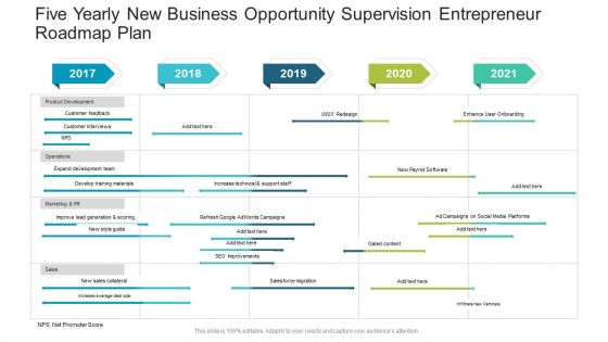 Five Yearly New Business Opportunity Supervision Entrepreneur Roadmap Plan Topics PDF