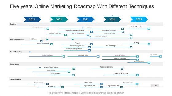 Five Years Online Marketing Roadmap With Different Techniques Ppt Gallery Graphics Download PDF Five Years Online Marketing Roadmap With Different Techniques Ppt Gallery Graphics Download PDF