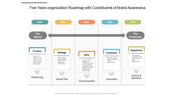 Five Years Organization Roadmap With Constituents Of Brand Awareness Graphics