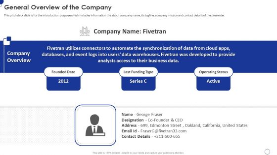 Fivetran Investor Fundraising Elevator Pitch Deck General Overview Of The Company Diagrams PDF