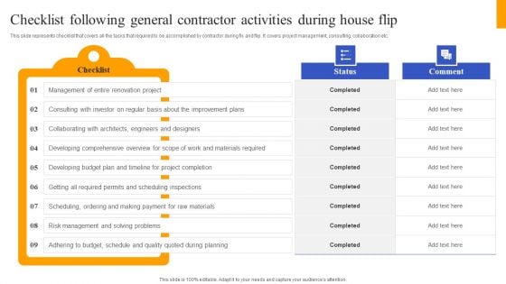 Fix And Flip Method For Renovating Real Estate Checklist Following General Contractor Activities Brochure PDF