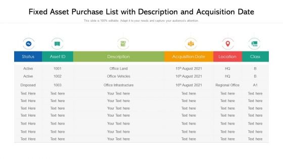 Fixed Asset Purchase List With Description And Acquisition Date Ppt PowerPoint Presentation Styles Example File PDF