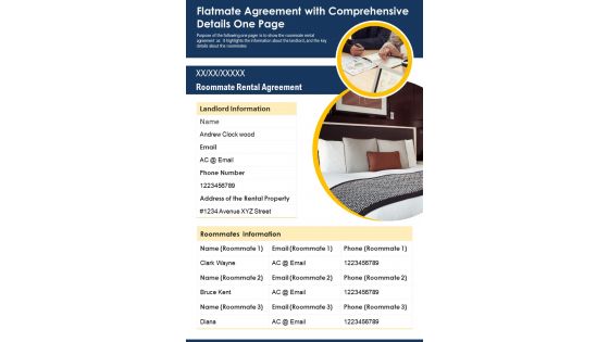 Flatmate Agreement With Comprehensive Details One Page PDF Document PPT Template