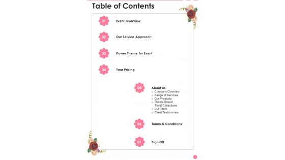 Floral Decorations Service Proposal Table Of Contents One Pager Sample Example Document