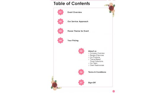 Floral Decorations Service Proposal Table Of Contents One Pager Sample Example Document Floral Decorations Service Proposal Table Of Contents One Pager Sample Example Document