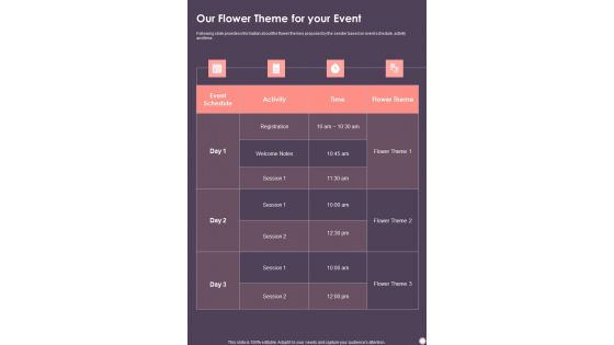 Flower Decoration Business Proposal Our Flower Theme For Your Event One Pager Sample Example Document