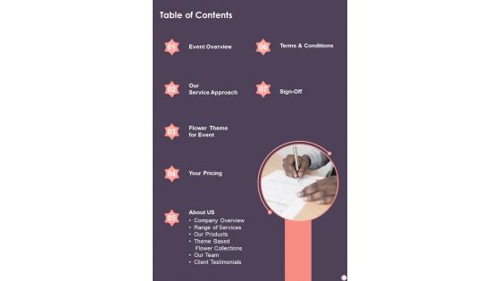 Flower Decoration Business Proposal Table Of Contents One Pager Sample Example Document