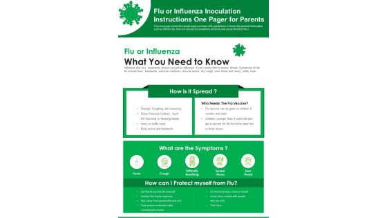 Flu Or Influenza Inoculation Instructions One Pager For Parents PDF Document PPT Template