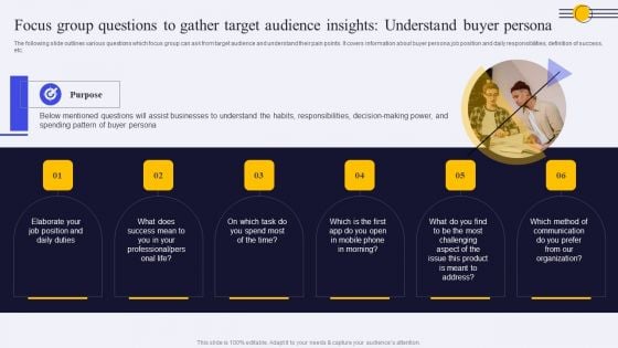 Focus Group Questions To Gather Target Audience Insights Understand Buyer Persona Ppt PowerPoint Presentation Diagram Graph Charts PDF