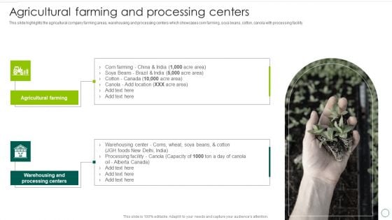 Food And Agro Company Outline Agricultural Farming And Processing Centers Slides PDF