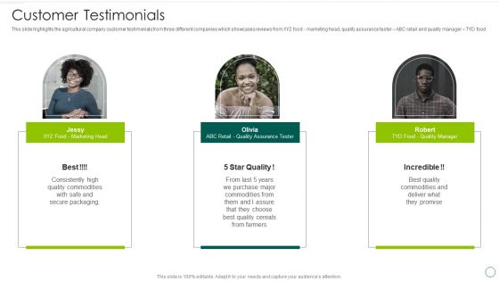 Food And Agro Company Outline Customer Testimonials Ppt Pictures Images PDF