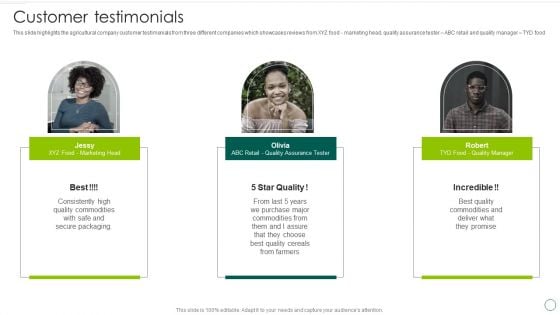 Food And Agro Company Outline Customer Testimonials Ppt Styles Graphics Design PDF