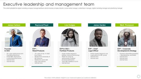 Food And Agro Company Outline Executive Leadership And Management Team Microsoft PDF