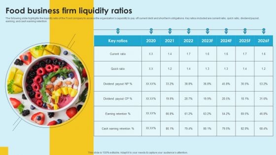 Food Company Financial Performance Summary Food Business Firm Liquidity Ratios Icons PDF