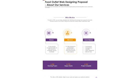 Food Outlet Web Designing Proposal About Our Services One Pager Sample Example Document