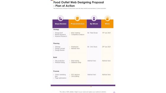 Food Outlet Web Designing Proposal Plan Of Action One Pager Sample Example Document