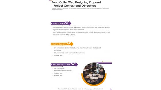 Food Outlet Web Designing Proposal Project Context And Objectives One Pager Sample Example Document